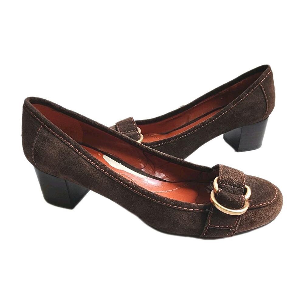 ENZO ANGIOLINI Brown Leather Brass Buckle Balance Block Heel Womens Shoes Sz 8M